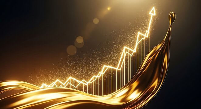 abstract gold background. golden financial growth chart with upward arrow symbolizing business success and investment profit.