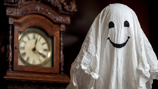 A smiling ghost stands before an antique clock on a dark background indoors.