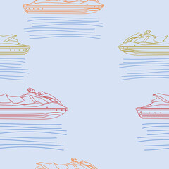 Editable Outline Side View Personal Watercraft or Water Scooter in Various Colors on Water Vector Illustration as Seamless Pattern for Creating Background of Transportation or Recreation © faqeeh