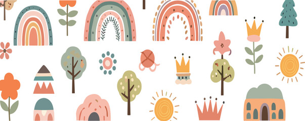 Cute boho nursery vector clipart set with rainbows trees flowers sun and whimsical landscape elements collection © Sumon Creative