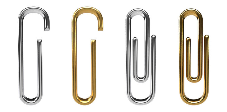 3d silver and gold paper clip png isolated 
