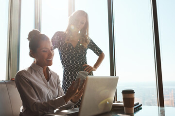 People, discussion and phone in office with laptop, marketing trend and opinion for social media...