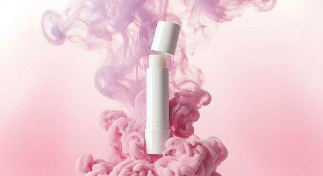 Lip balm tube mockup surrounded by pink pastel smoke