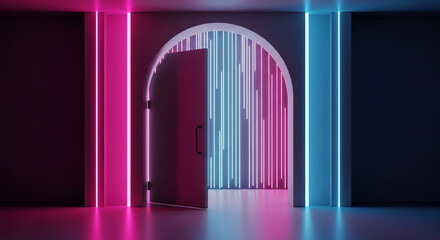 Obraz premium Neon lit doorway in futuristic corridor with pink and blue gradient lighting for technology background