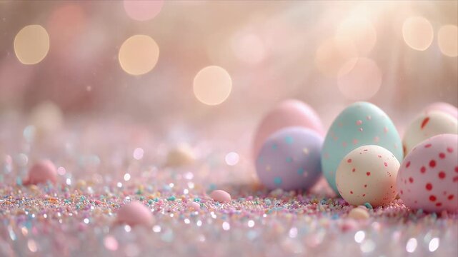 Colorful Easter eggs on pastel background with sprinkles and bokeh lights