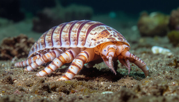 Intricate detailed view of a fascinating giant marine isopod, a remarkable deep-sea crustacean, navigating the sandy ocean floor in its natural habitat