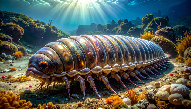 Close-up of a Giant Isopod showcasing its segmented body and many legs on the ocean floor surrounded by coral and aquatic plants