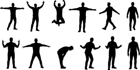 Set of male silhouettes in various poses including standing jumping walking and bowing isolated on white background for vector design