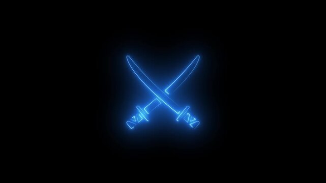 Neon Blue Crossed Swords Glowing on Black Background Symbolizing Strength and Power 4k animation video with black background 