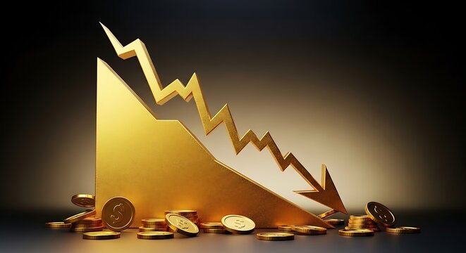 gold bar with downward financial chart showing decline in gold prices and market recession concept.