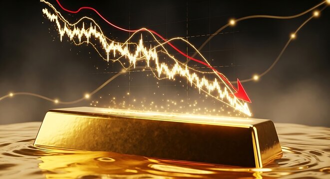 gold bar with downward financial chart showing decline in gold prices and market recession concept.
