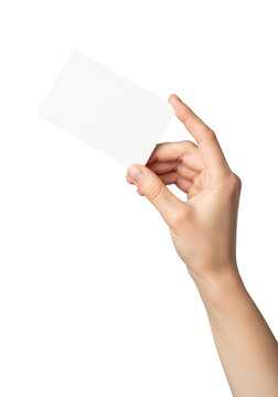 youthful, fair-skinned hand delicately holding a pristine, unwritten white rectangular card in a macro studio shot against a smooth transparent background. concept of clean message