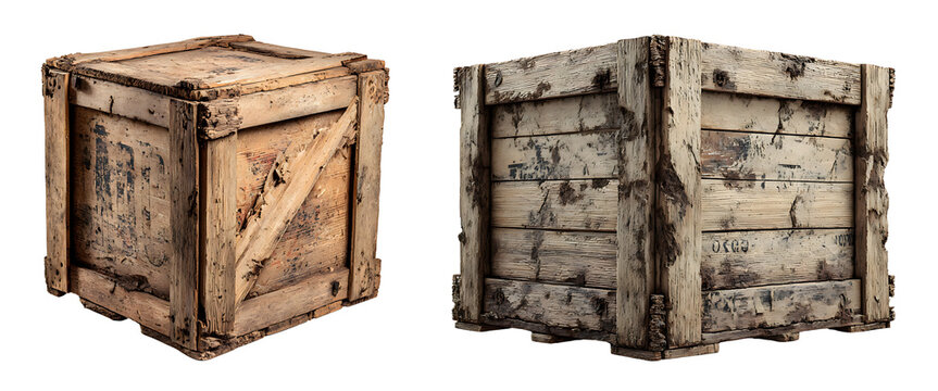 Two old wooden crates with rustic texture and weathered finish isolated on a white or transparent background