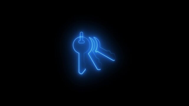 Glowing Blue Keys Neon Sign Unlocking Concept Keys on Black Background