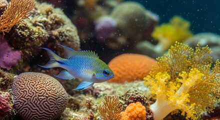 Obraz premium Vibrant Blue Damselfish Swimming Among Colorful Coral and Sea Anemones in Tropical Reef