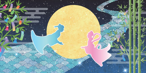 Obraz premium 七夕 天の川 和柄 背景