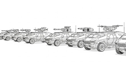 Row of military armored vehicles with turrets and cannons. © Sugi