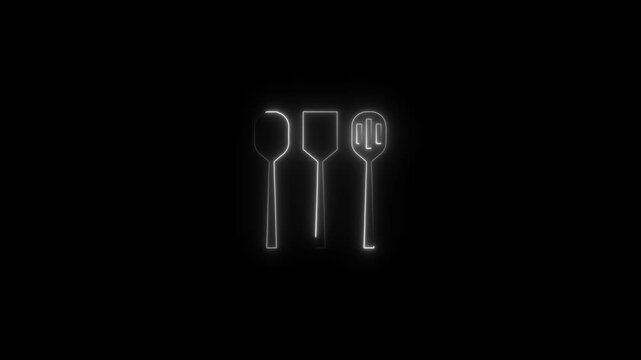 Glowing neon outlines of spoon fork and knife on black background for culinary dining utensil themes