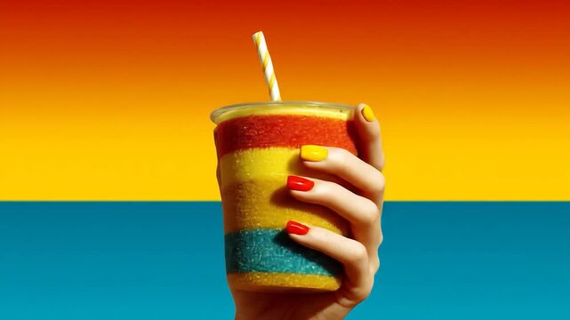 A hand holding a colorful slushy drink with a straw against a vibrant background.
