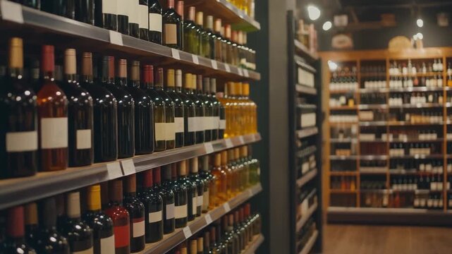 Rows of Wine and Spirits Bottles on Shelves in a Well-Stocked Liquor Store Aisle