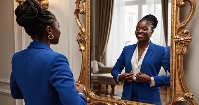 Confident woman in a blue suit adjusting her jacket while admiring herself in a mirror
