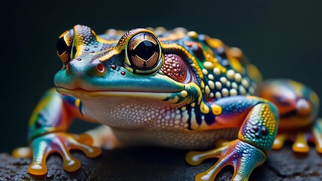 Close-up of a vibrant multicolored tropical frog with striking eyes on a dark background