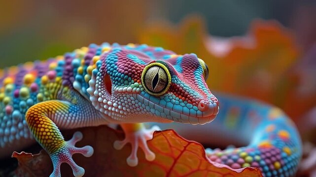 Close-up of a vibrant rainbow gecko with colorful scales and striking eyes, resting on a textured surface.