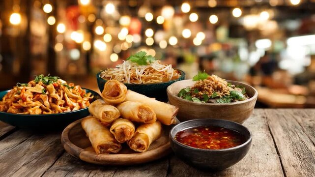 Delicious spring rolls with sauce on a rustic table in a bustling restaurant