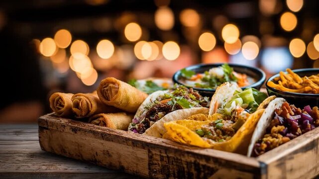 A wooden tray filled with various tacos and burritos on a table indoors.