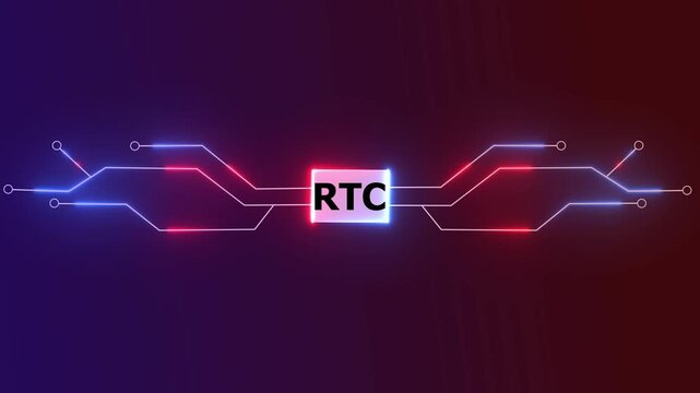 RTC Circuit Board Animation: Futuristic Digital Technology Microchip with Glowing Neon Blue and Red Light Lines.