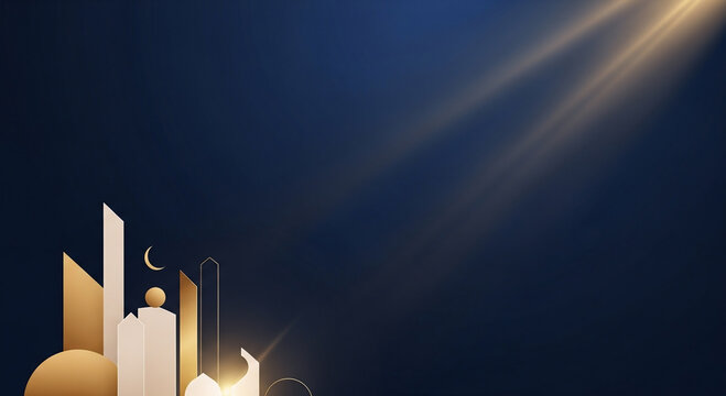 Elegant abstract golden and white cityscape featuring a crescent moon and shining light rays on a deep blue background, perfect for festive cultural celebration design