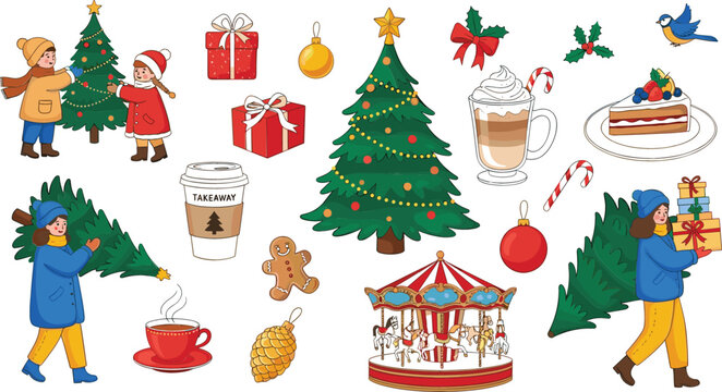 Colorful winter holiday set with children decorating Christmas tree carousel festive drinks gifts and woman carrying pine tree