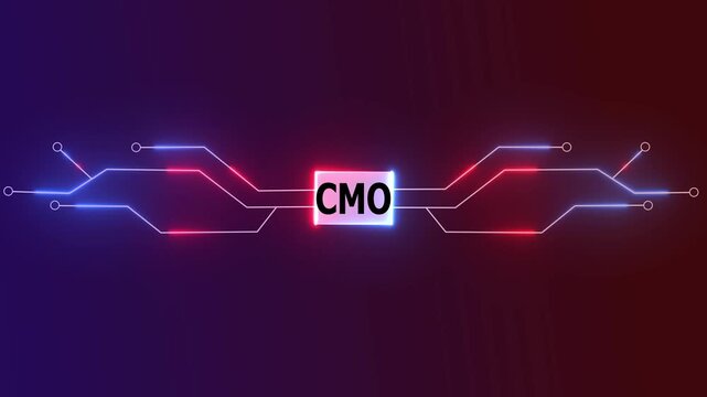 CMO Circuit Board Animation: Futuristic Digital Technology Microchip with Glowing Neon Blue and Red Light Lines.