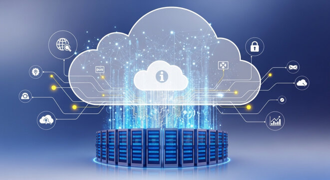 A vector graphic illustration of a cloud computing system with secure servers and network connections