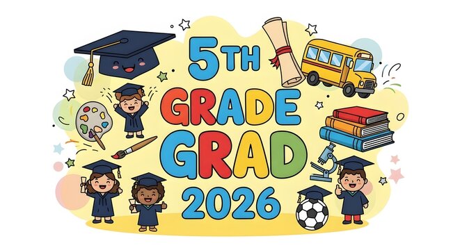 5th Grade Grad 2026 Diverse Kids Illustration with School Supplies and Graduation Theme