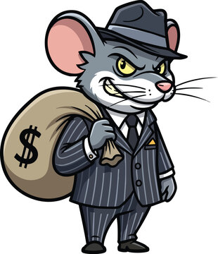 Cartoon mouse gangster carrying a sack of money.
