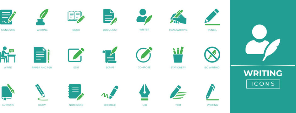 Writing solid icon set with pencil, pen, notebook, document and text symbols for content creation, blogging, education, UI and editorial design