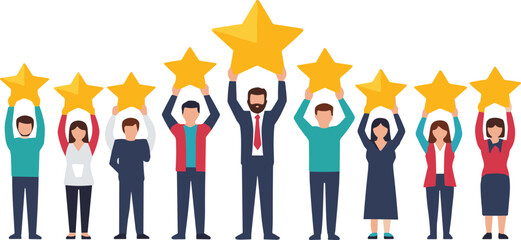 Diverse group of business people holding golden stars celebrating teamwork success achievement recognition and corporate unity concept illustration