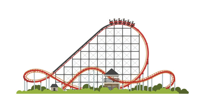 A group of many people ride a thrilling red roller coaster with sharp turns and steep drops against a clean white background with green trees and bushes below.