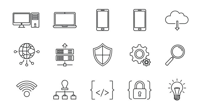 Technology icons depicting devices networking and security silhouette