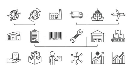 Logistics and supply chain icons in a linear style silhouette