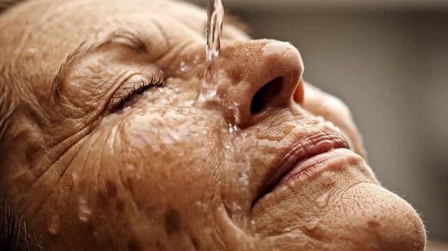 Close up of an elderly person s wrinkled face as a stream of water cascades down their cheek and nose creating glistening droplets reflecting light