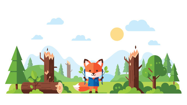 Small red fox wearing a vest and standing in a deforested area with cut down logs and tree stumps under a sun.