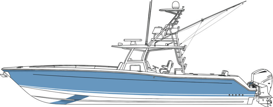 Detailed vector of modern center console sportfishing boat with tuna tower and outriggers for maritime tournament branding