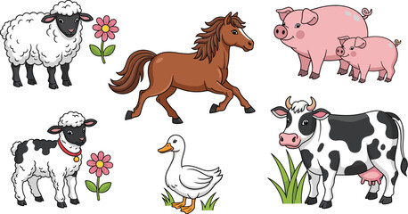 Diverse animal and nature set featuring wildlife silhouettes of elephants and lions alongside farm livestock and autumn harvest silhouettes © Hossain