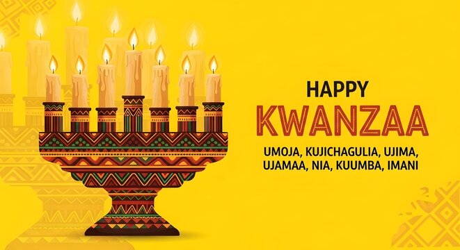 Vibrant "Happy Kwanzaa" banner with a beautifully lit kinara against a rich yellow background, featuring the Swahili principles for this African American celebration.