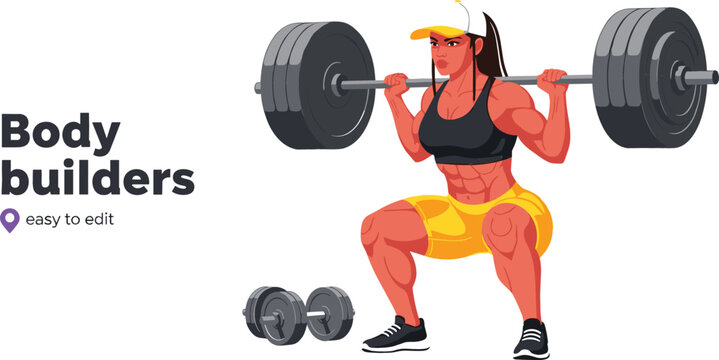 Female bodybuilder performing barbell back squat exercise with heavy weights for fitness app and gym marketing banner