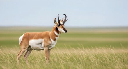 Naklejka premium Pronghorn Antelope Standing Tall in a Vast Grassy Field Under a Clear Sky.