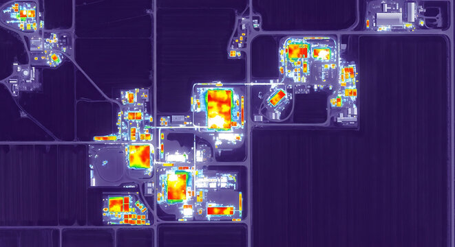 Advanced Multispectral Satellite Imagery Capturing Thermal Signatures and NDVI Data Over an Industrial Landscape, Enabling Detailed Environmental and Agricultural Analysis