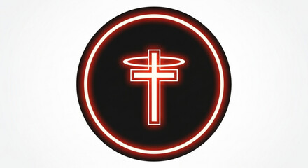 Obraz premium Neon Christian Cross Symbol in Circle on Black Background